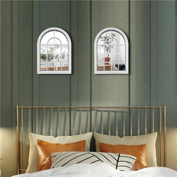 2PCS Arched Window Wall Mirror,Rustic Farmhouse Accent Mirror, Wood - Picture 3 of 8